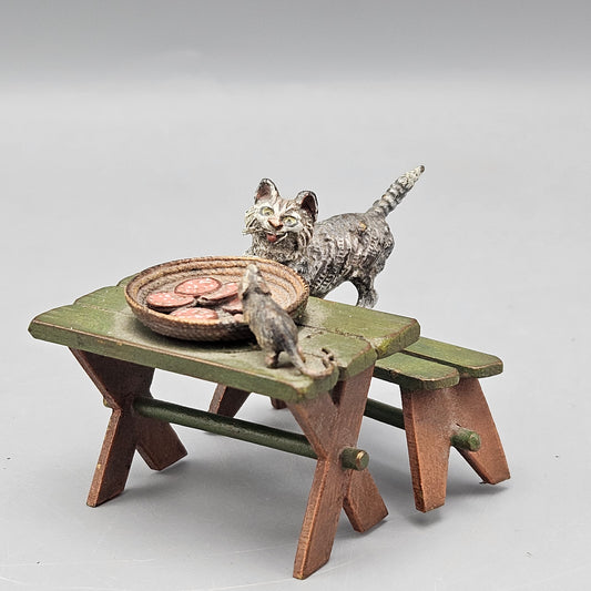 Signed Antique Cold Painted Vienna Bronze Cat and Rat on Table with Food -Fleur de Lis Mark