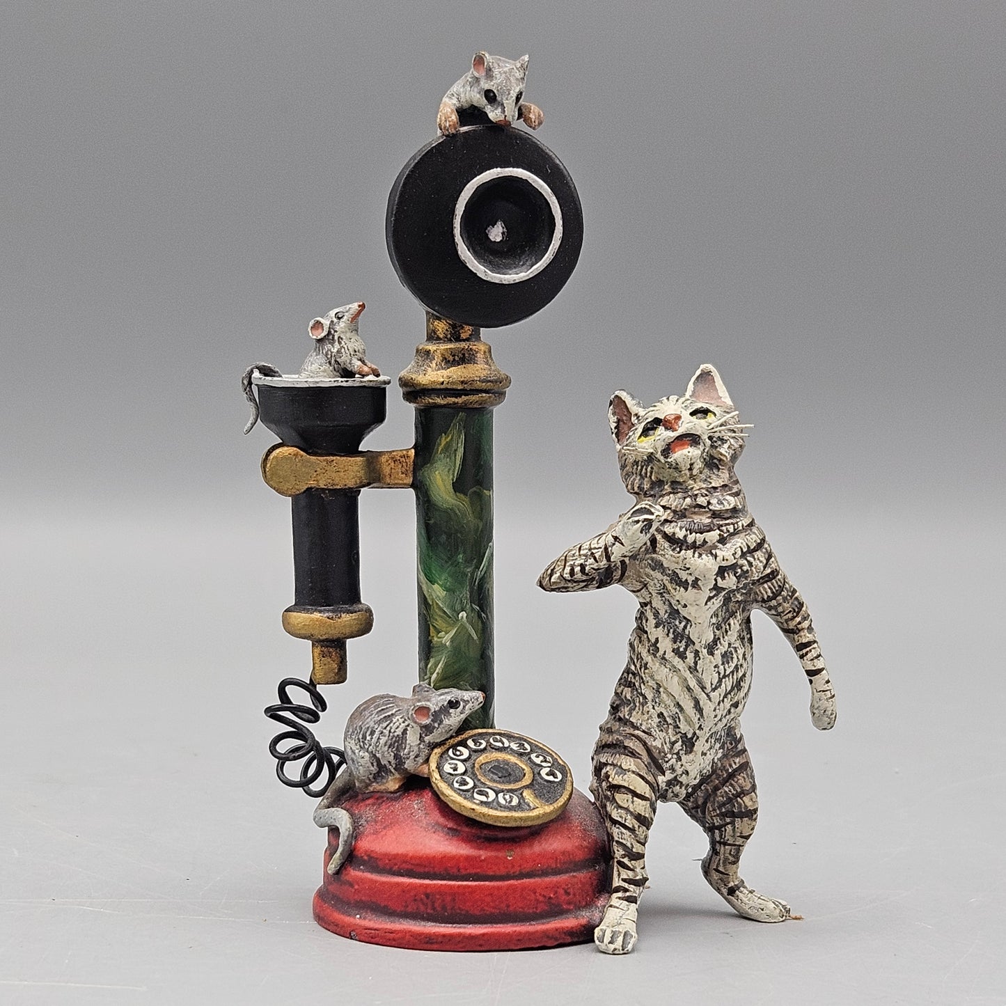 Signed Fritz Bermann Cold Painted Vienna Bronze Cat & Rats with Candlestick Telephone