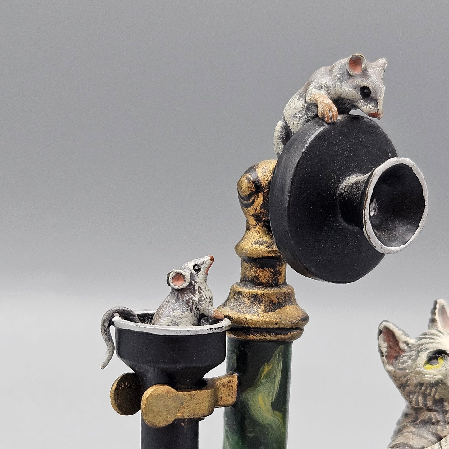 Signed Fritz Bermann Cold Painted Vienna Bronze Cat & Rats with Candlestick Telephone