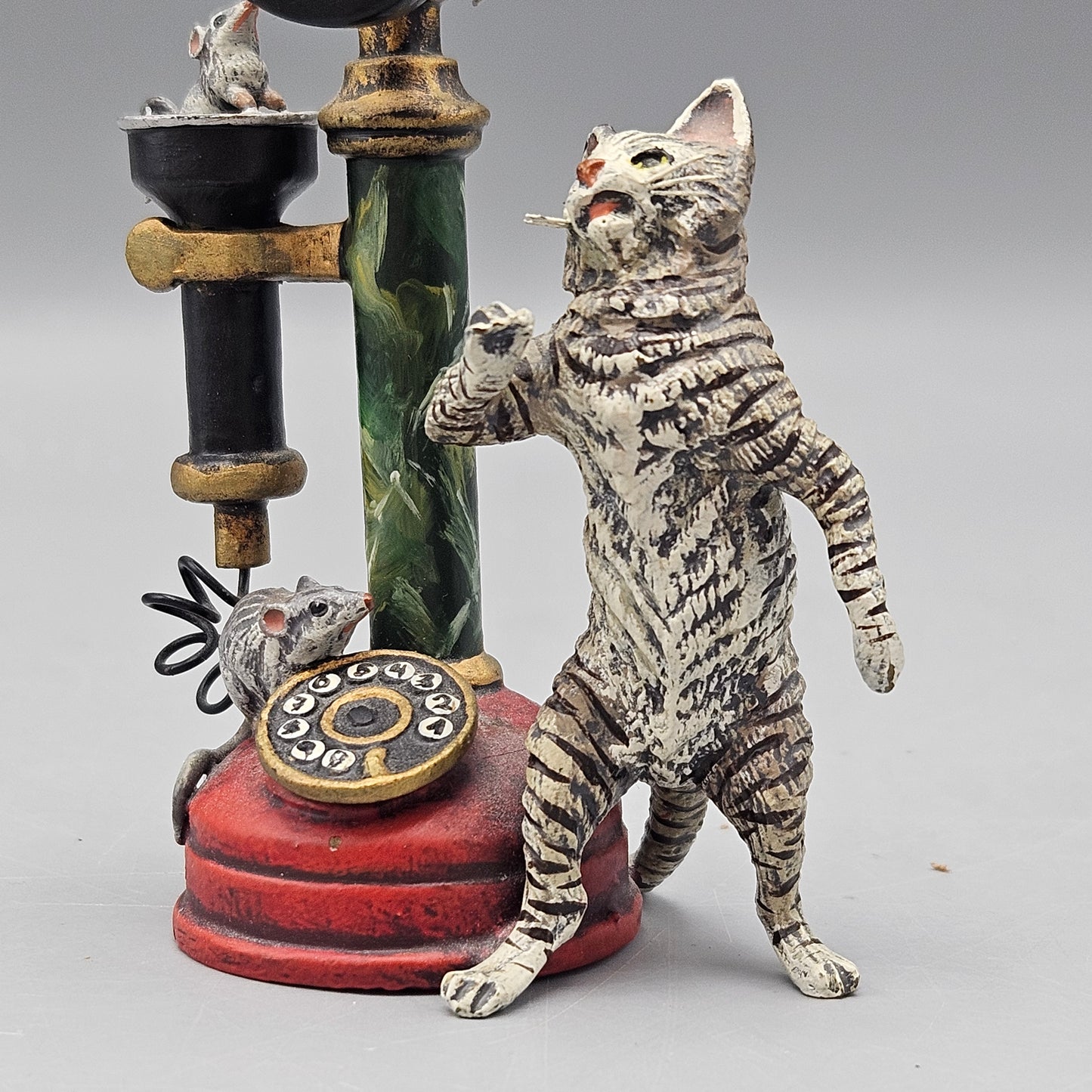 Signed Fritz Bermann Cold Painted Vienna Bronze Cat & Rats with Candlestick Telephone