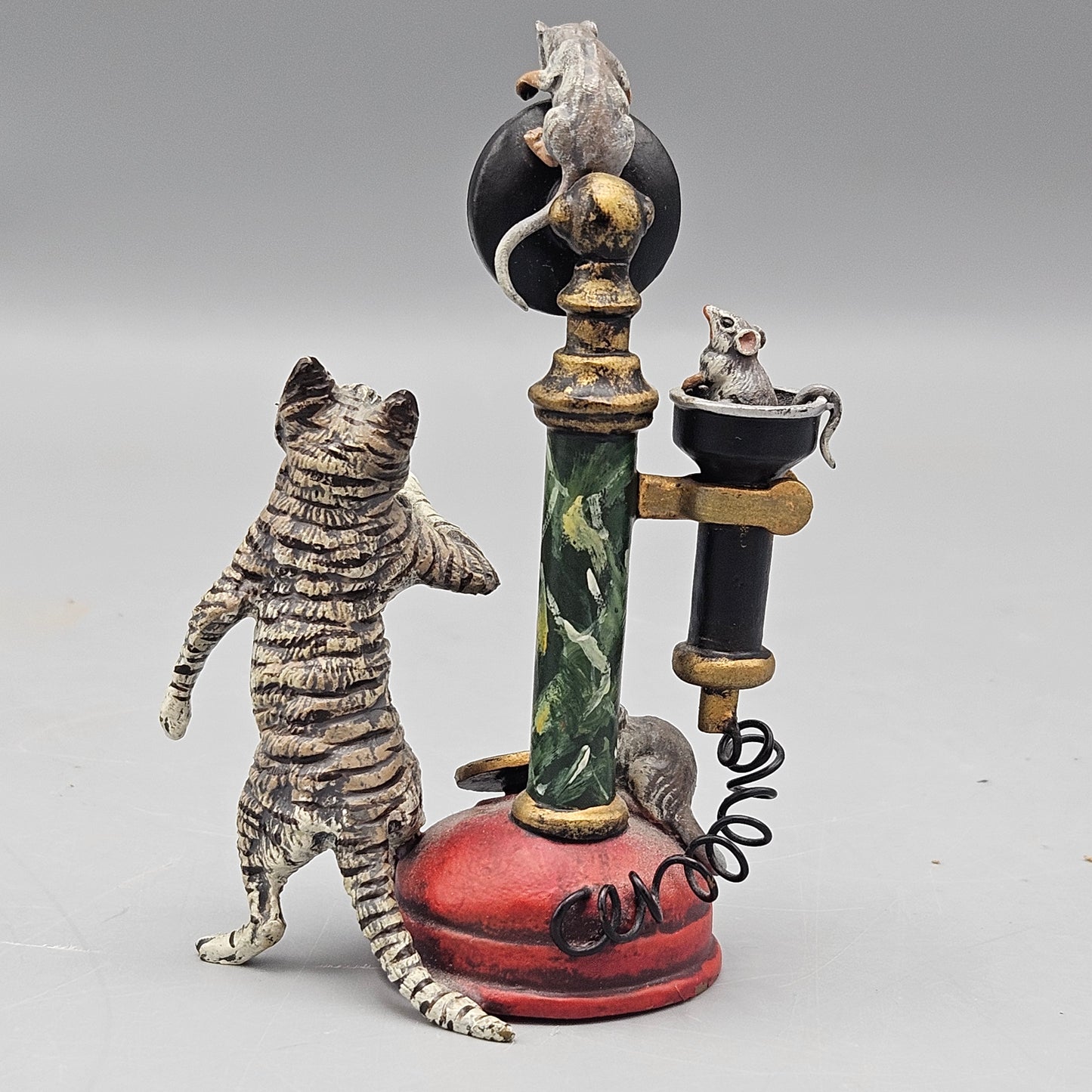 Signed Fritz Bermann Cold Painted Vienna Bronze Cat & Rats with Candlestick Telephone