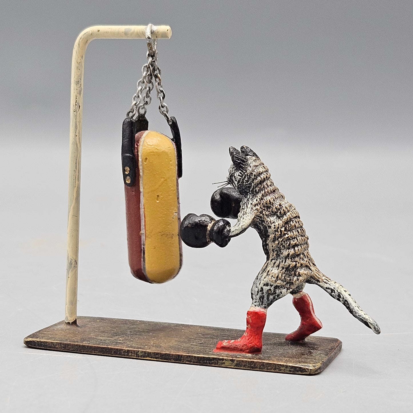 Cold Painted Vienna Bronze Boxing Cat with Heavy Bag