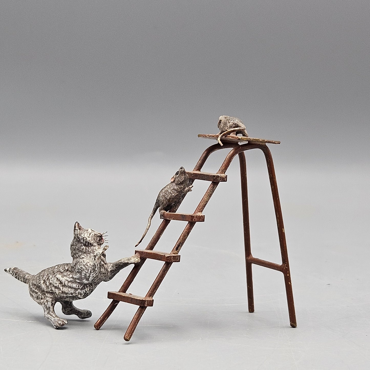 Antique Cold Painted Vienna Bronze Cat with Rats and Step Ladder