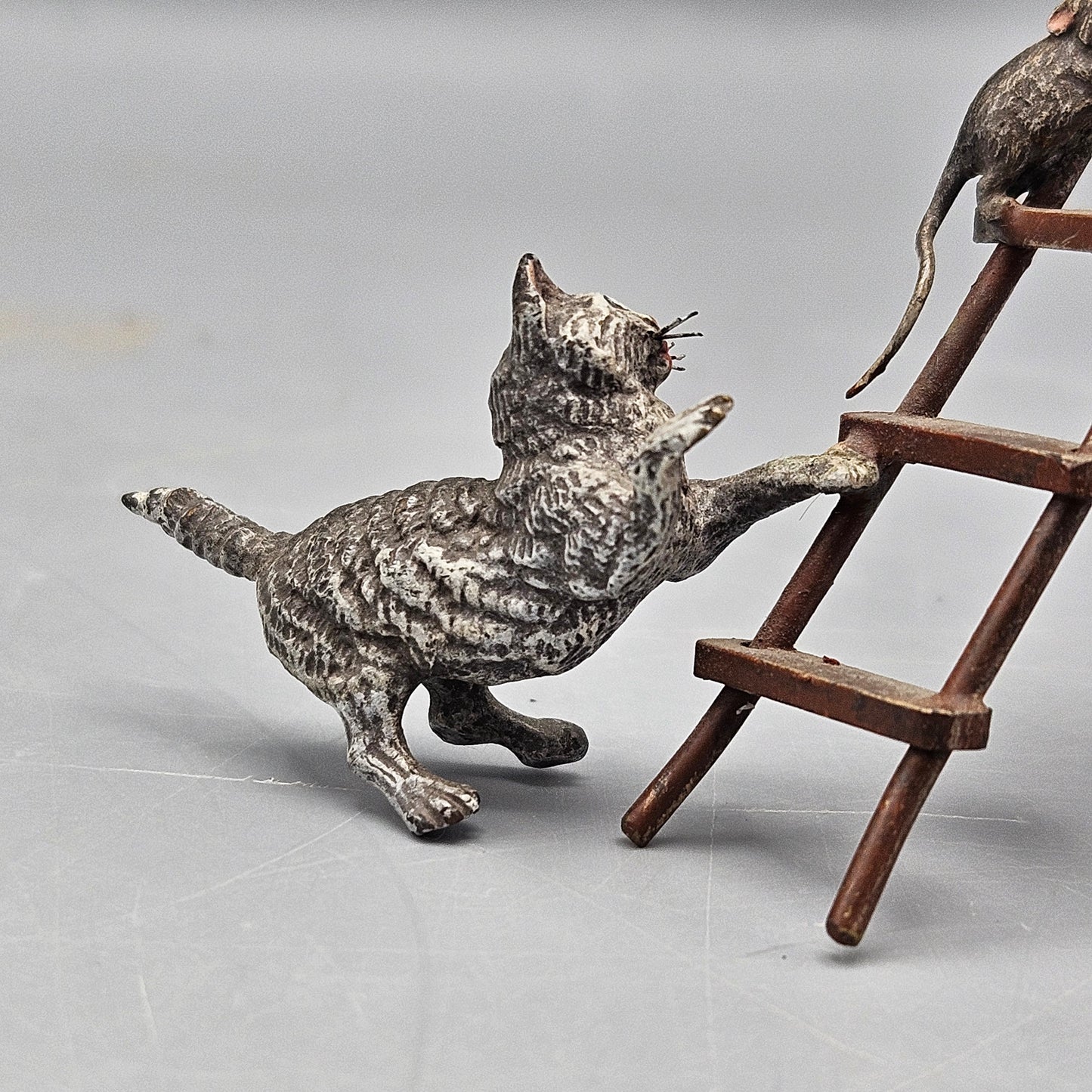 Antique Cold Painted Vienna Bronze Cat with Rats and Step Ladder