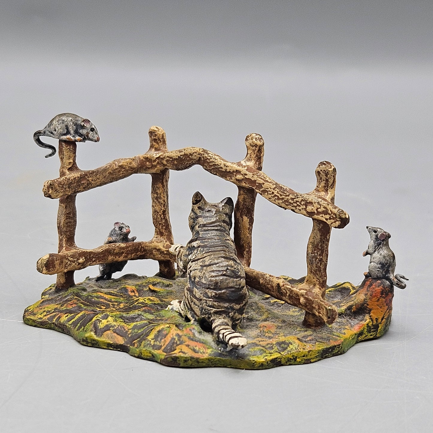 Cold Painted Vienna Bronze Cat and Rats with Wooden Fence