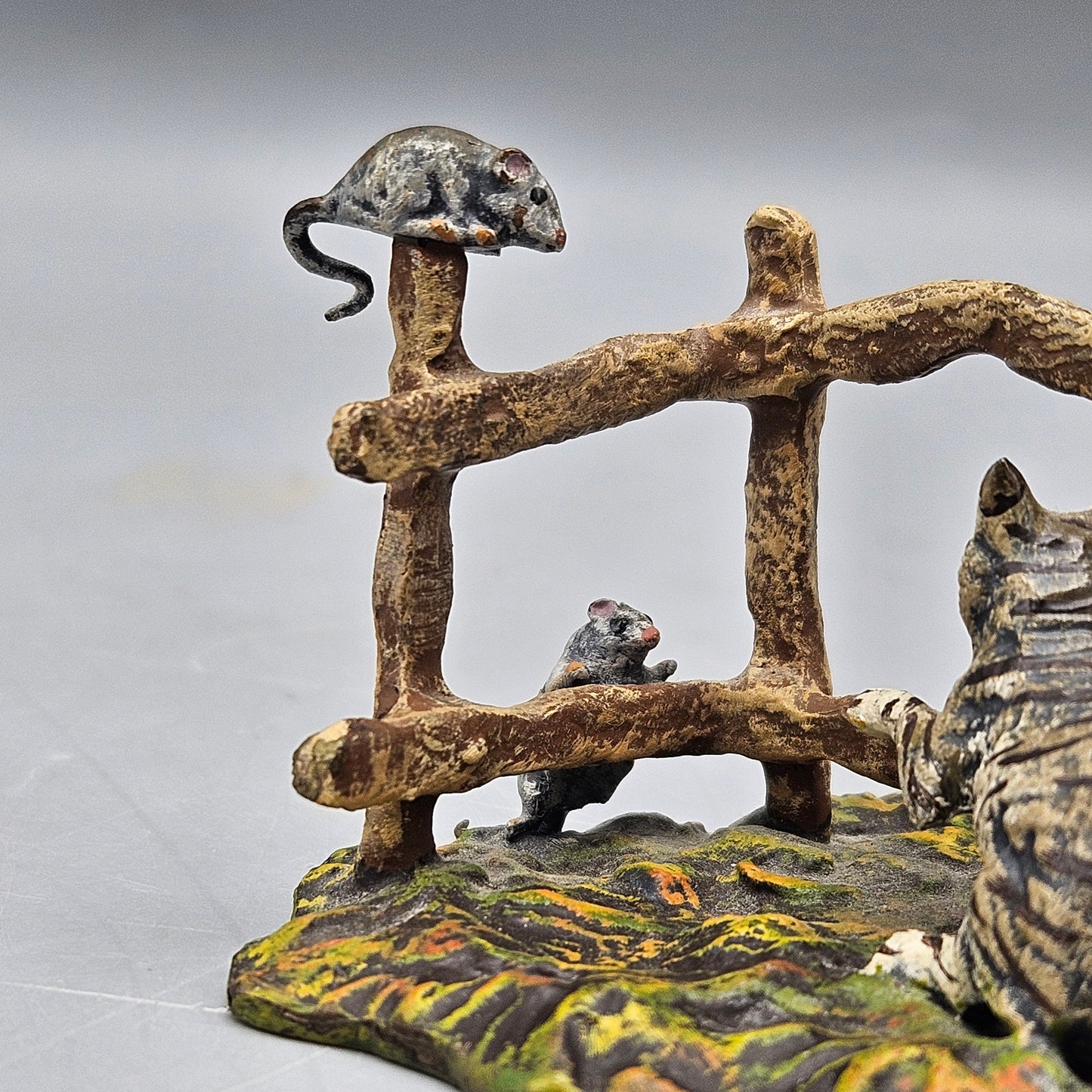 Cold Painted Vienna Bronze Cat and Rats with Wooden Fence