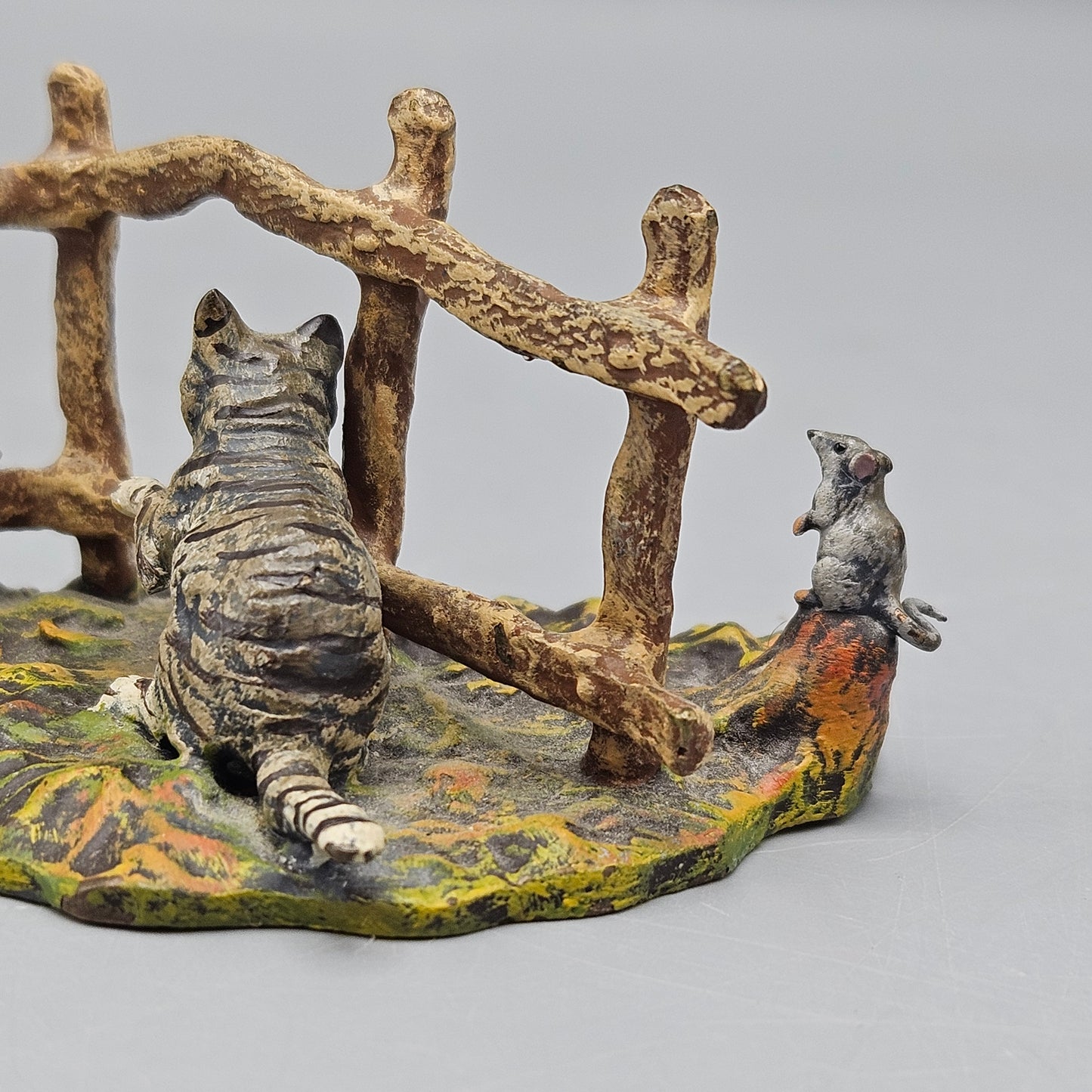 Cold Painted Vienna Bronze Cat and Rats with Wooden Fence