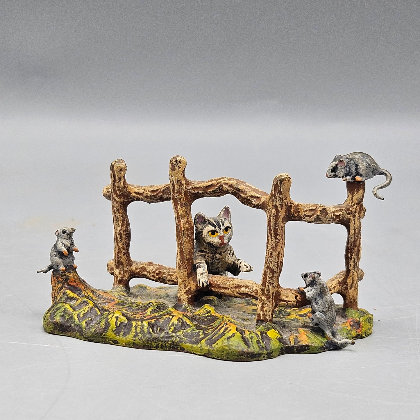 Cold Painted Vienna Bronze Cat and Rats with Wooden Fence