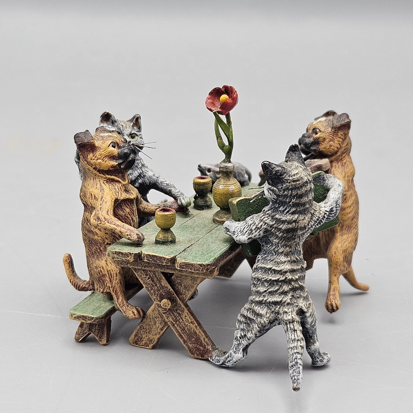 Cold Painted Vienna Bronze Cats & Pug Dogs at Table with Instruments