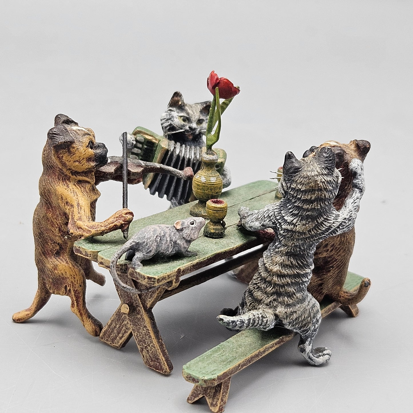 Cold Painted Vienna Bronze Cats & Pug Dogs at Table with Instruments