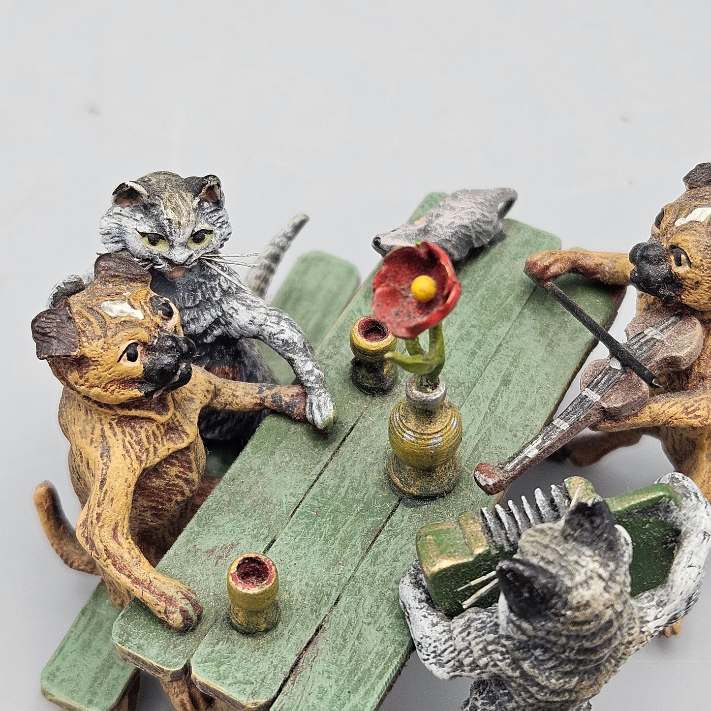 Cold Painted Vienna Bronze Cats & Pug Dogs at Table with Instruments