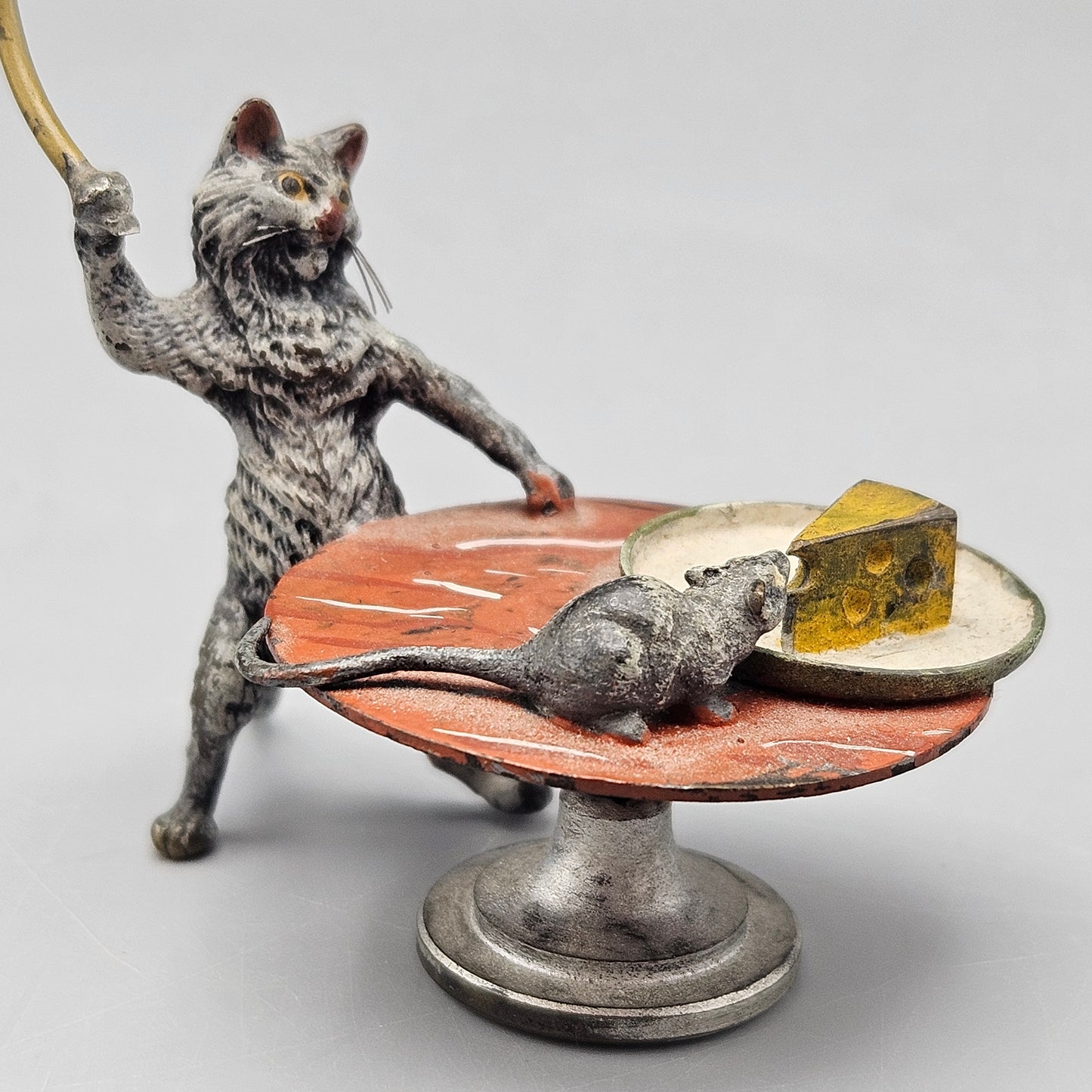 Antique Franz Bergman Cold Painted Vienna Bronze Cat and Rat with Table and Cheese