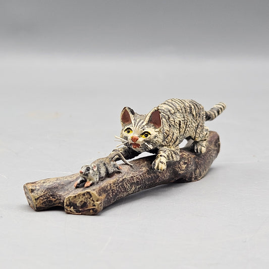 Signed Fritz Bermann Cold Painted Vienna Bronze Cat and Rat on Tree Branch