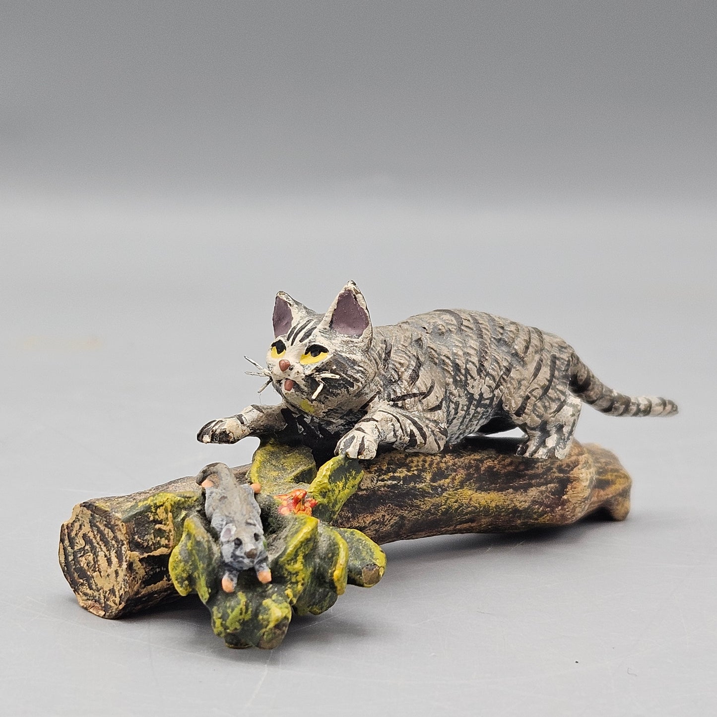 Signed Fritz Bermann Cold Painted Vienna Bronze Cat and Rat on Tree Branch (Large)