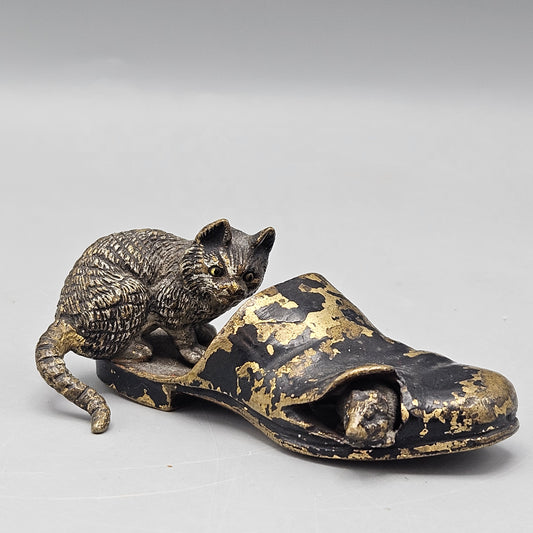 Antique Cold Painted Vienna Bronze Cat and Rat with Shoe