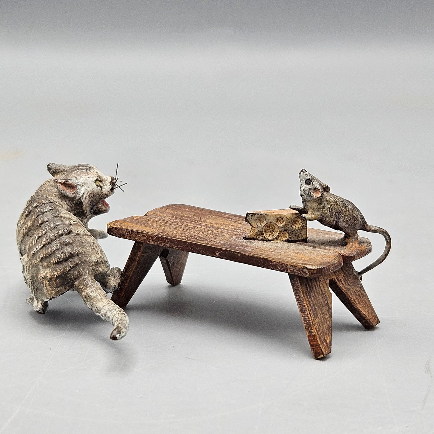 Signed Antique Cold Painted Vienna Bronze Cat with Rat on Bench with Cheese - Felur de Lis Mark