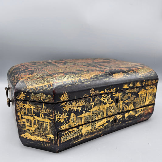 Antique Chinese Black and Gold Lacquerware Jewelry Box