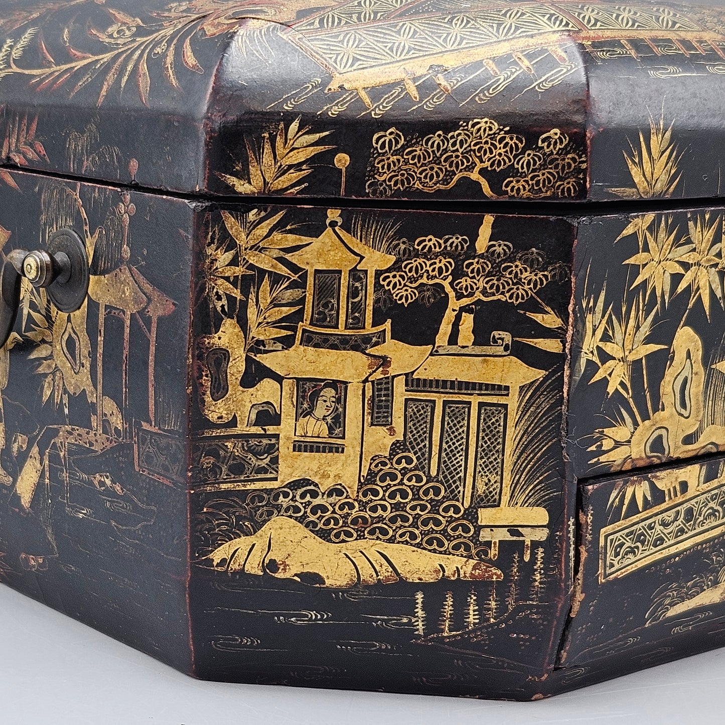 Antique Chinese Black and Gold Lacquerware Jewelry Box