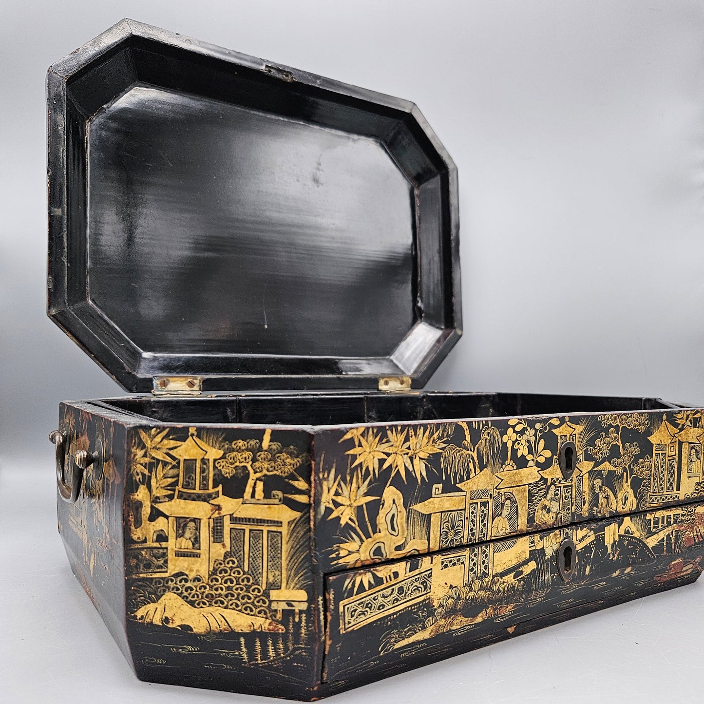 Antique Chinese Black and Gold Lacquerware Jewelry Box