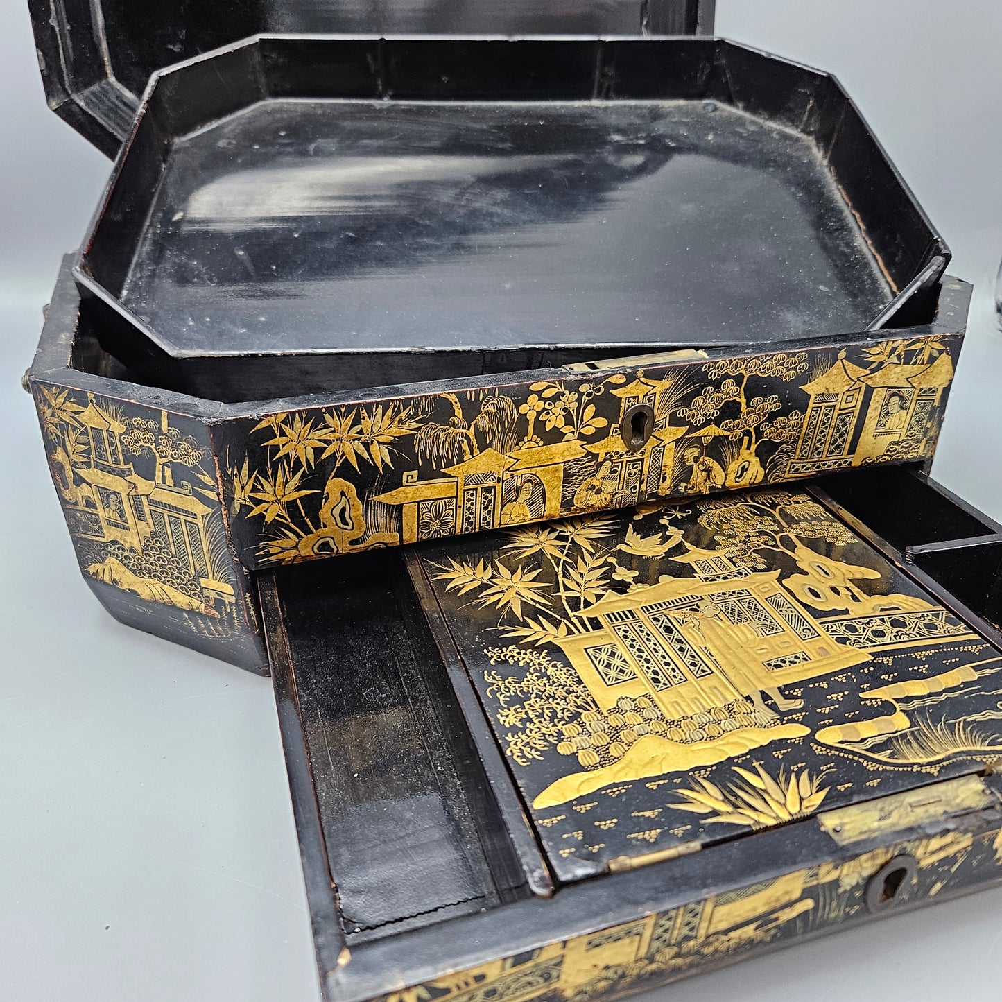 Antique Chinese Black and Gold Lacquerware Jewelry Box