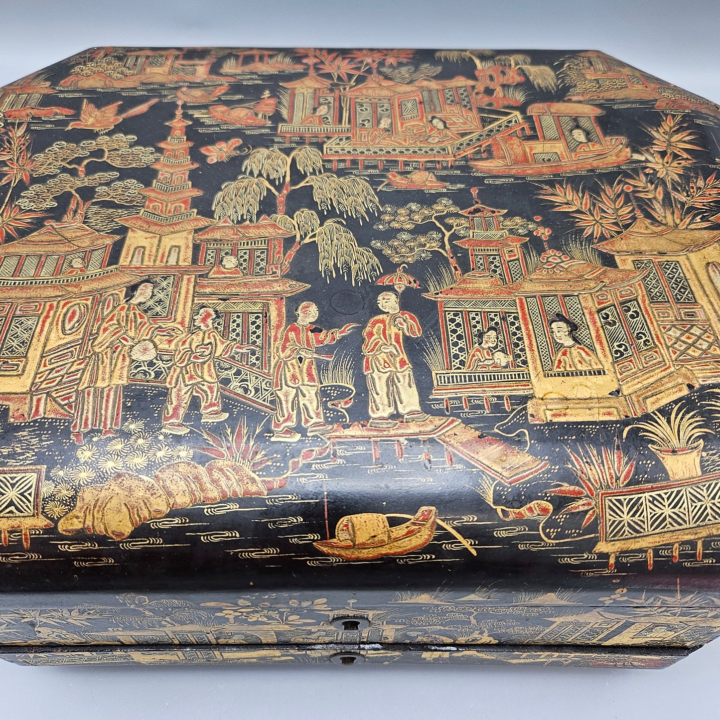 Antique Chinese Black and Gold Lacquerware Jewelry Box