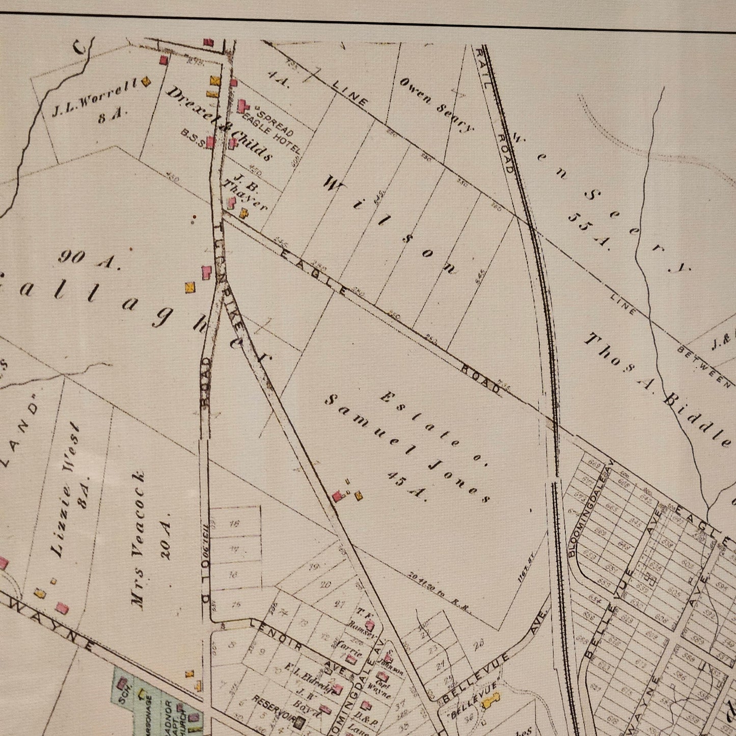 Antique Framed Map of Wayne, PA from the Property Atlas of the Main Line