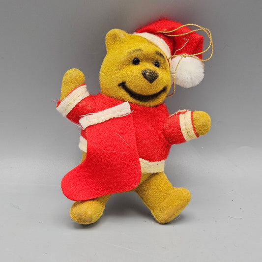 Vintage Walt Disney Christmas Flocked Winnie the Pooh Ornament with Stocking