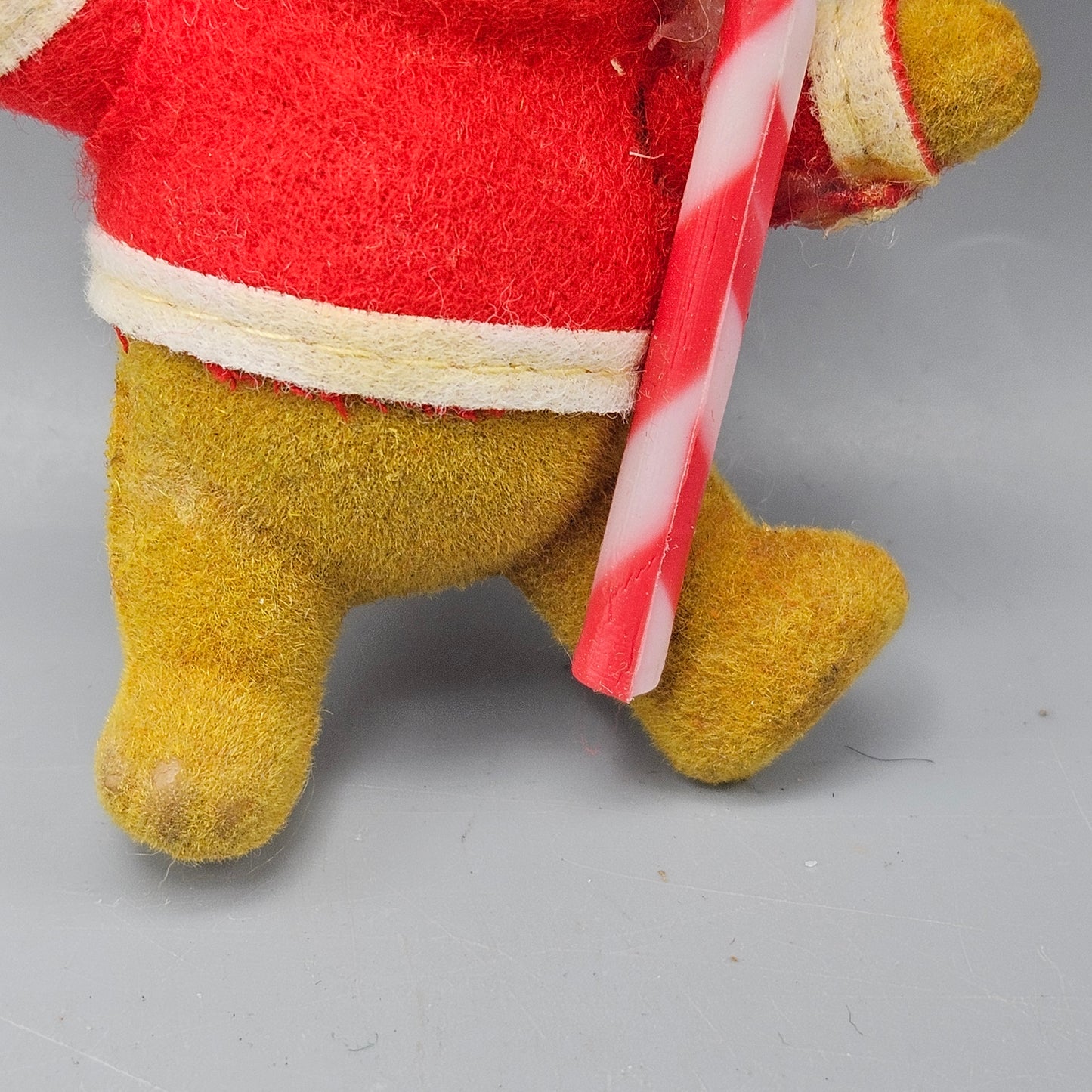 Vintage Walt Disney Christmas Flocked Winnie the Pooh Ornament with Candy Cane