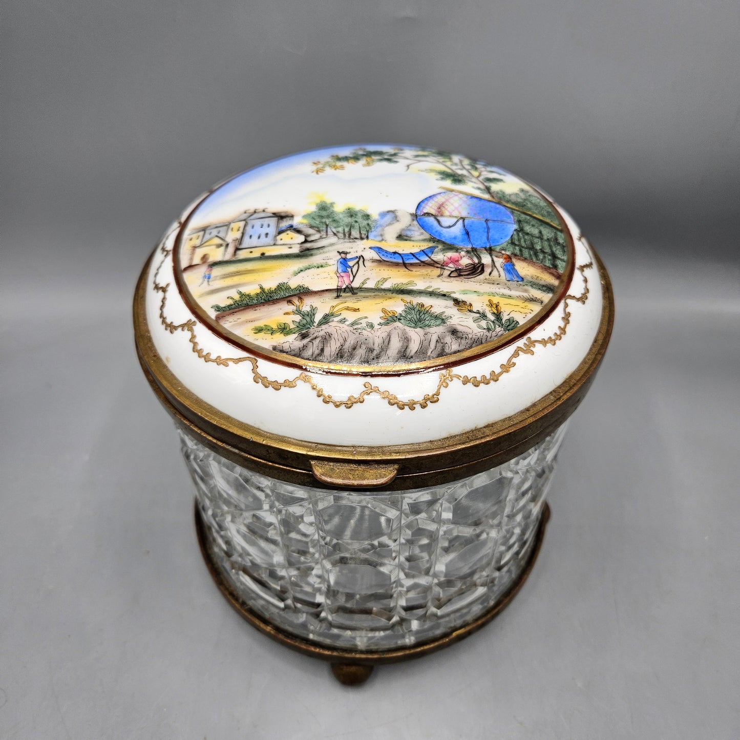 Large Size Castellan Imports Cut Glass and Porcelain Vanity Box with Ballooning Scene