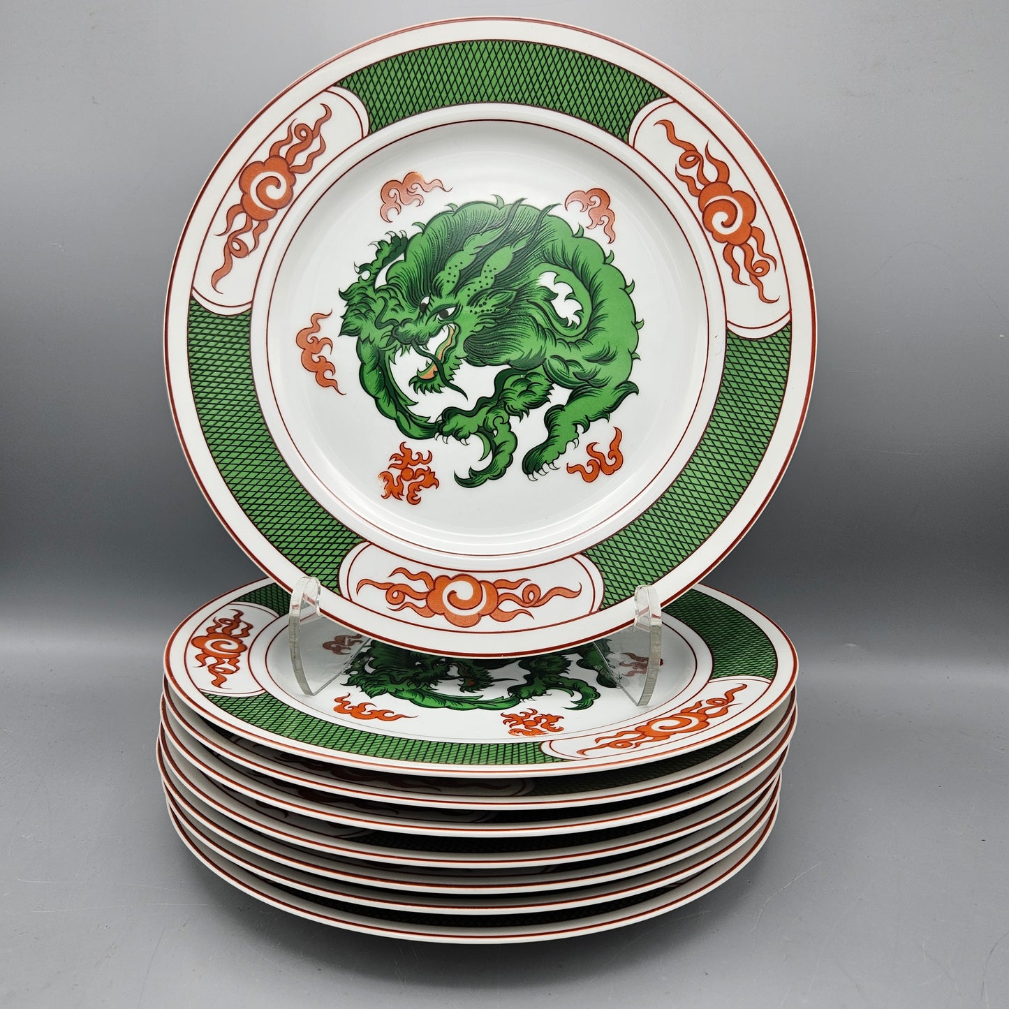 Fitz & Floyd Dragon Crest Green Dinner Plates - Set of Eight