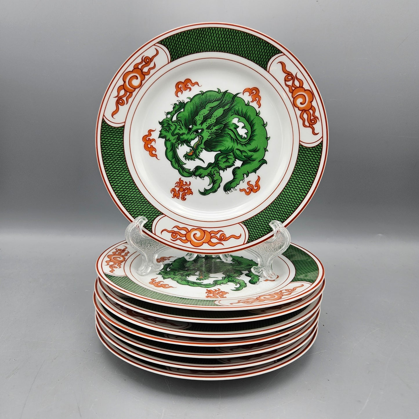 Fitz & Floyd Dragon Crest Green Bread & Butter Plates - Set of Eight