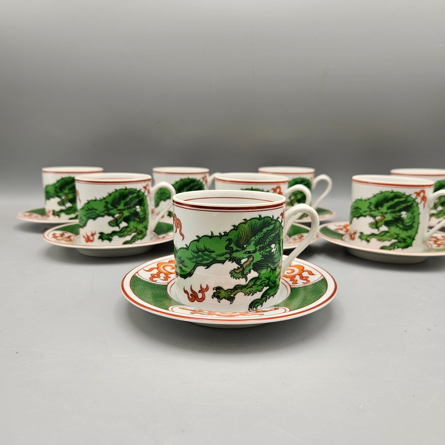 Fitz & Floyd Dragon Crest Green Demitasse Cups and Saucers - Set of Eight