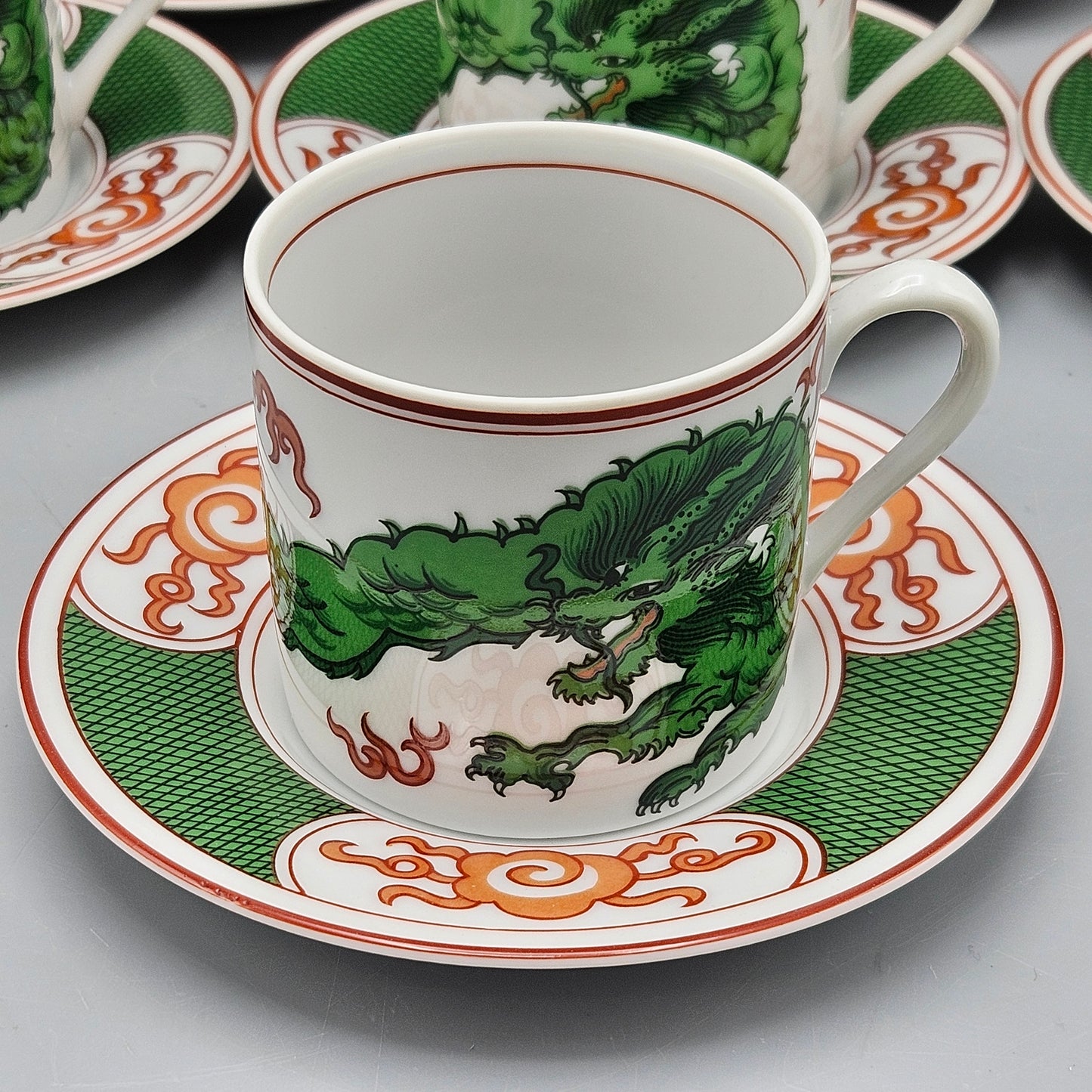 Fitz & Floyd Dragon Crest Green Demitasse Cups and Saucers - Set of Eight