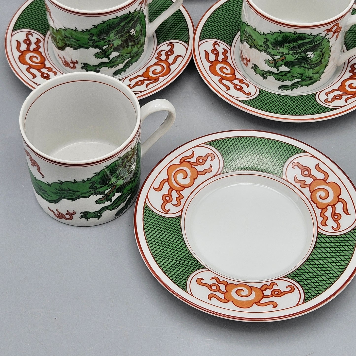 Fitz & Floyd Dragon Crest Green Demitasse Cups and Saucers - Set of Eight