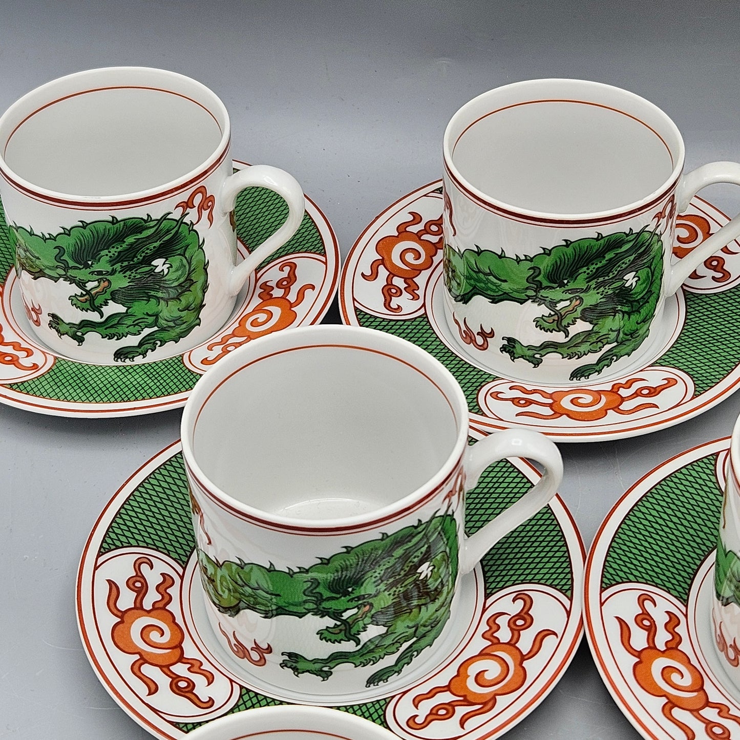 Fitz & Floyd Dragon Crest Green Demitasse Cups and Saucers - Set of Eight