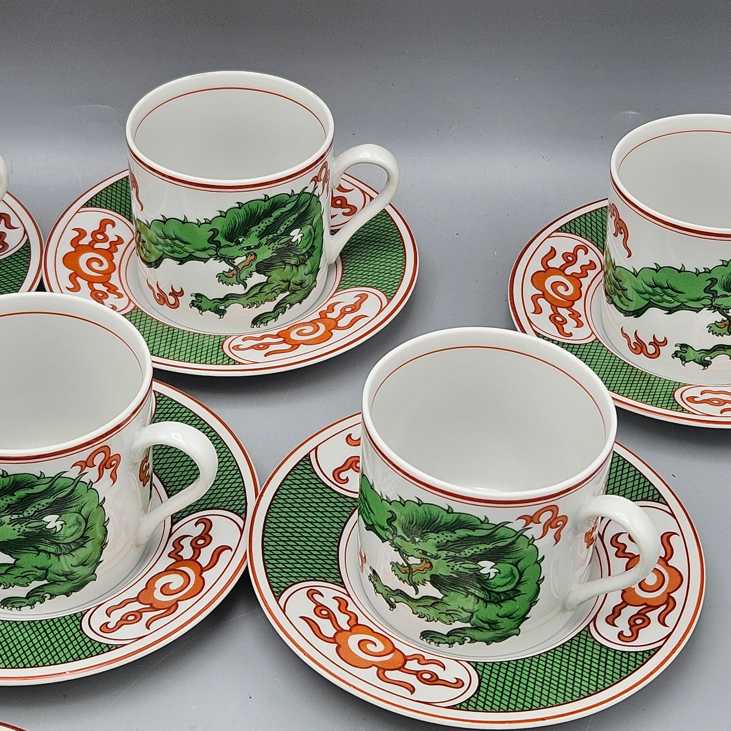 Fitz & Floyd Dragon Crest Green Demitasse Cups and Saucers - Set of Eight