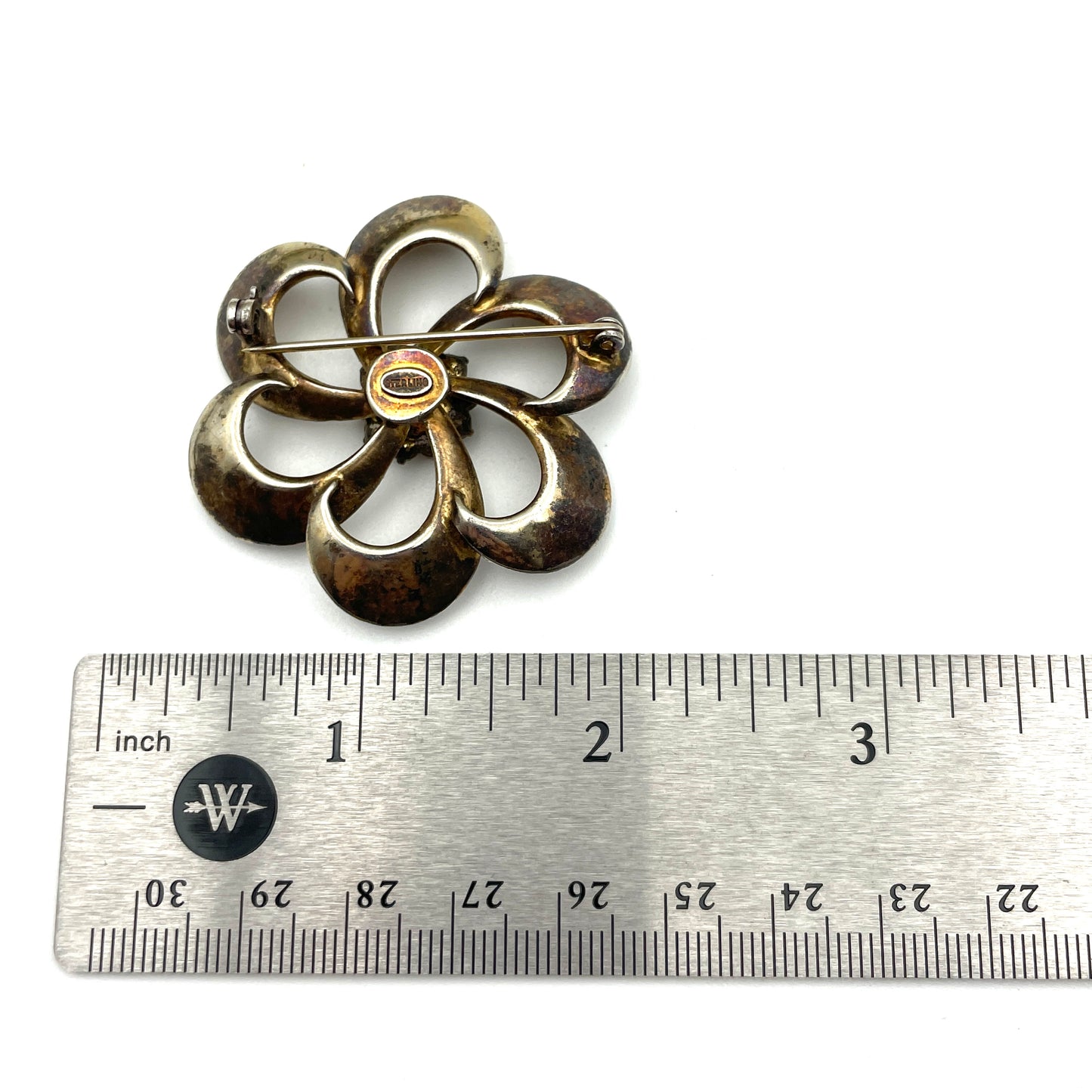 Vintage Vermeil Sterling Silver Flower Pin with Blue Stone