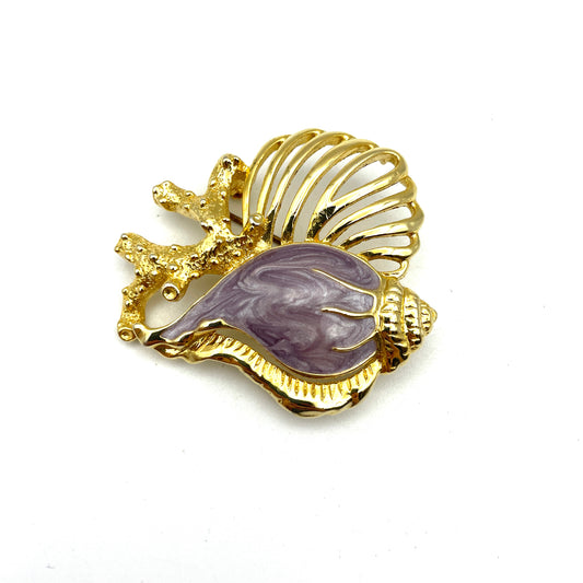 Enamel & Gold Seashell Pin