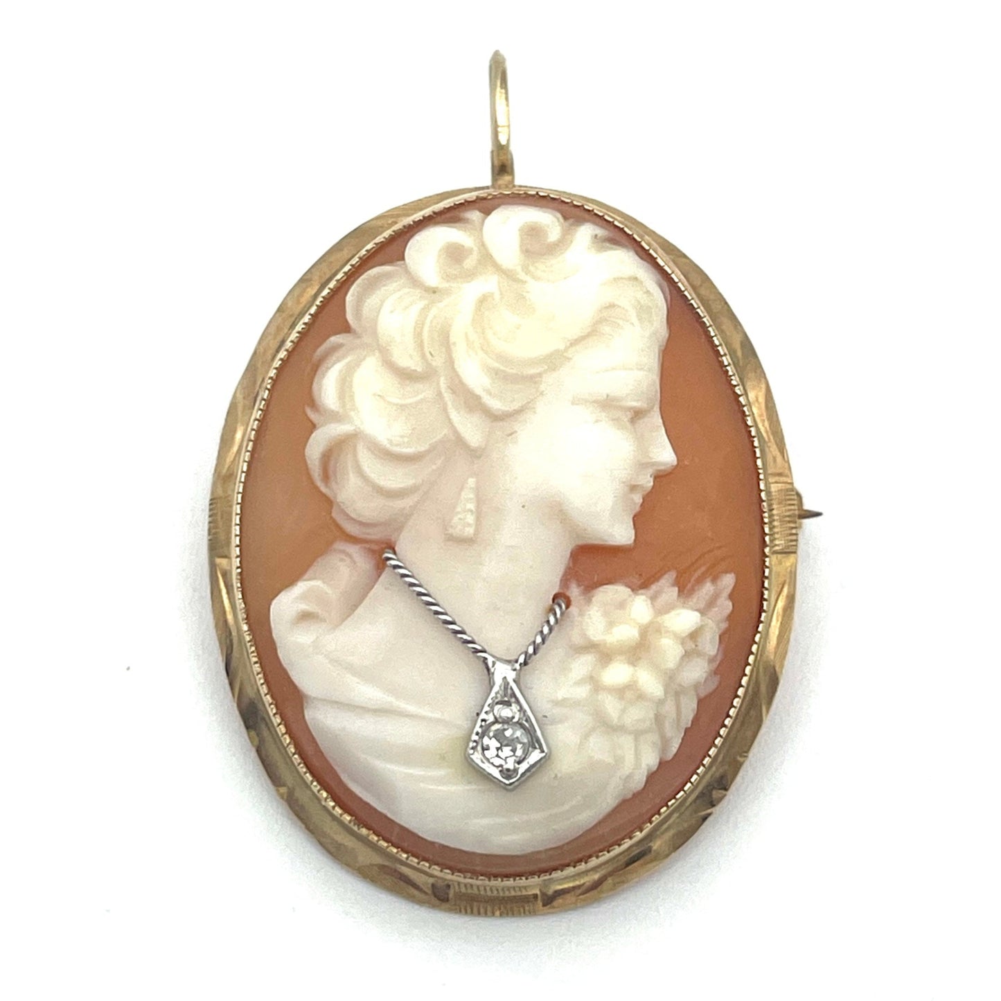 Vintage Gold Carved Cameo Pin with Stone Necklace