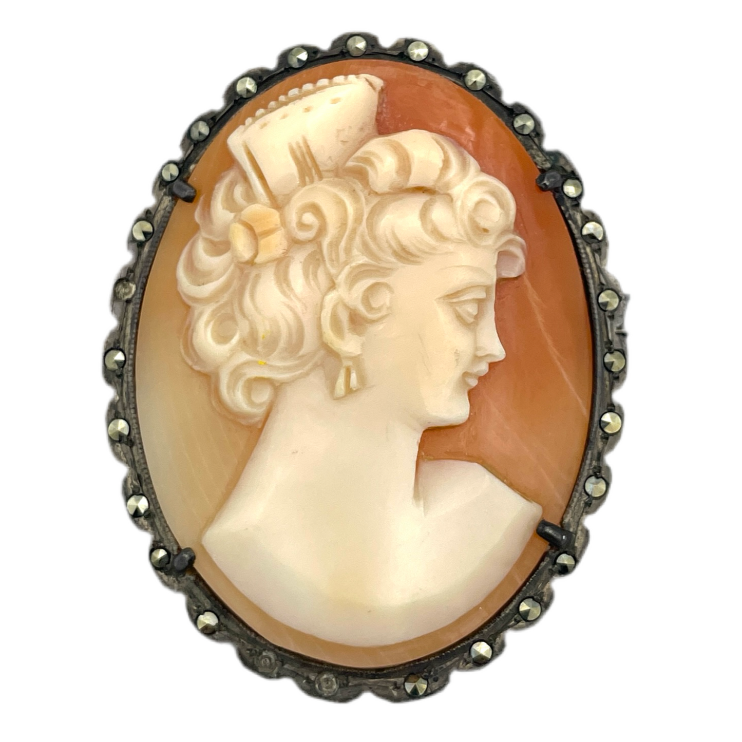 Vintage Sterling Silver & Marcasite Carved Cameo Pendant / Pin