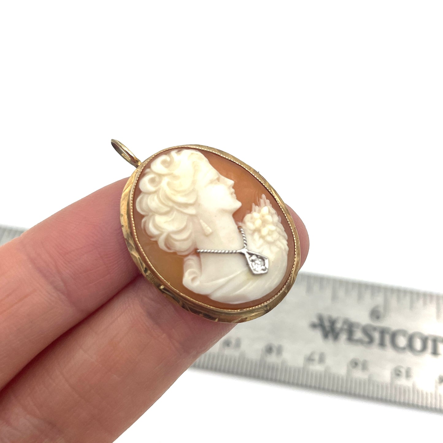 Vintage Gold Carved Cameo Pin with Stone Necklace