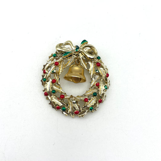 Vintage Christmas Wreath Pin with Jingle Bell