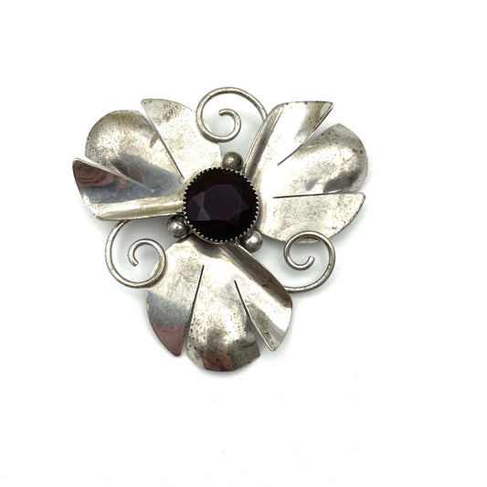 Vintage Large Sterling Pin with Dark Red Stone