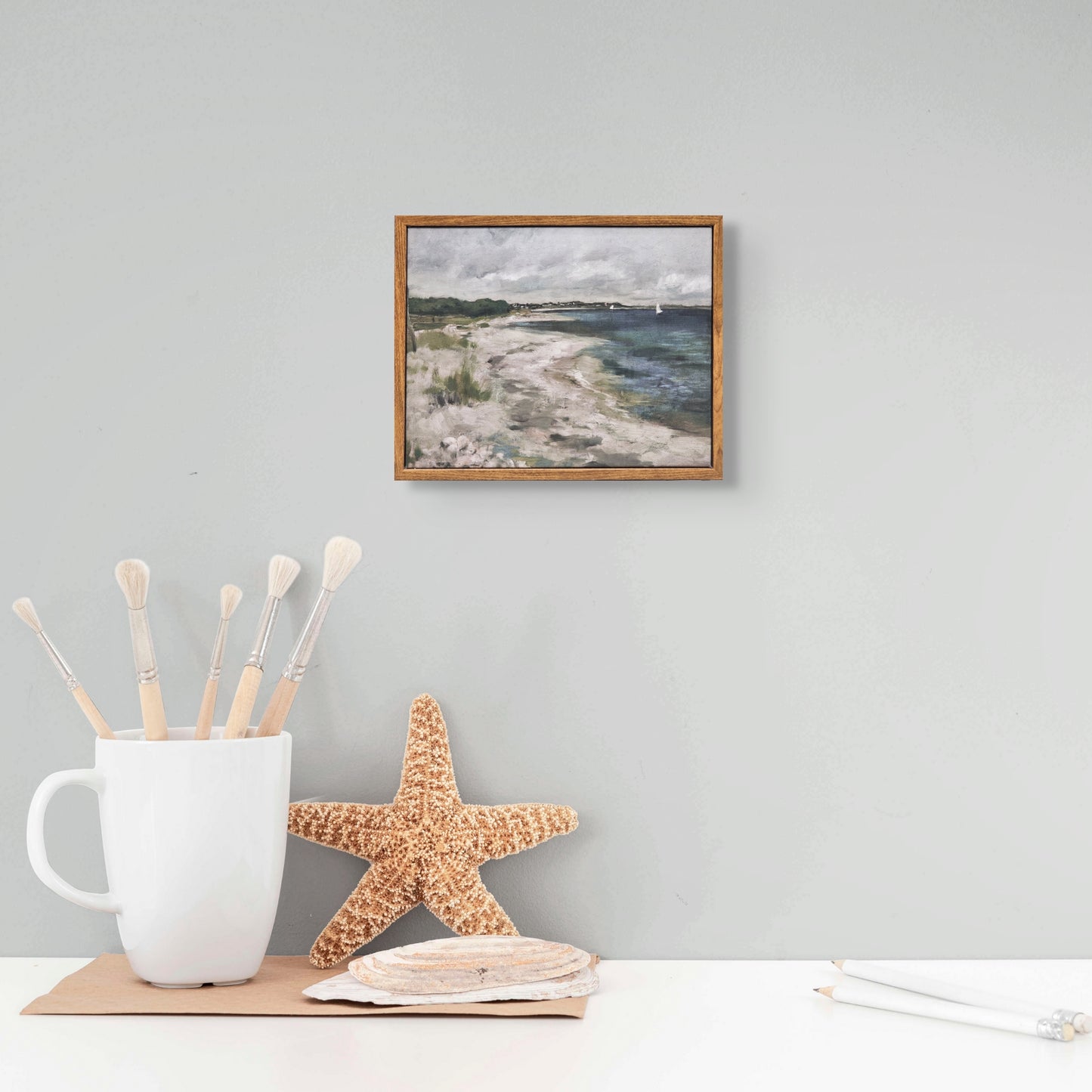 Contemporary Artwork of Beach with Ocean and Sailboats