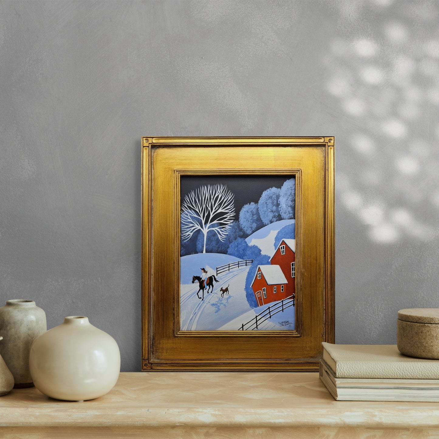 Wonderful Oil on Canvas Painting by Debbie Criswell of a Winter Scene with Horse & Dog