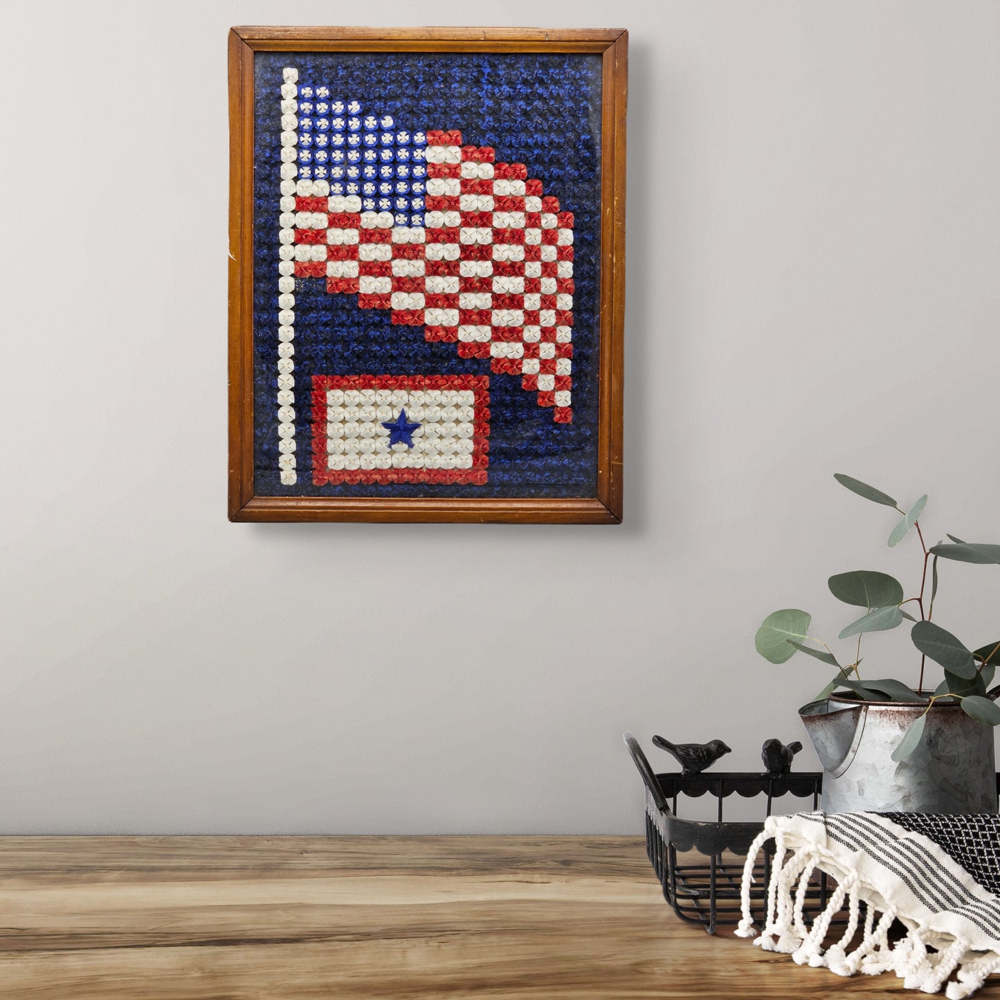 Framed Folk US Flag with Service Banner Pom-Poms