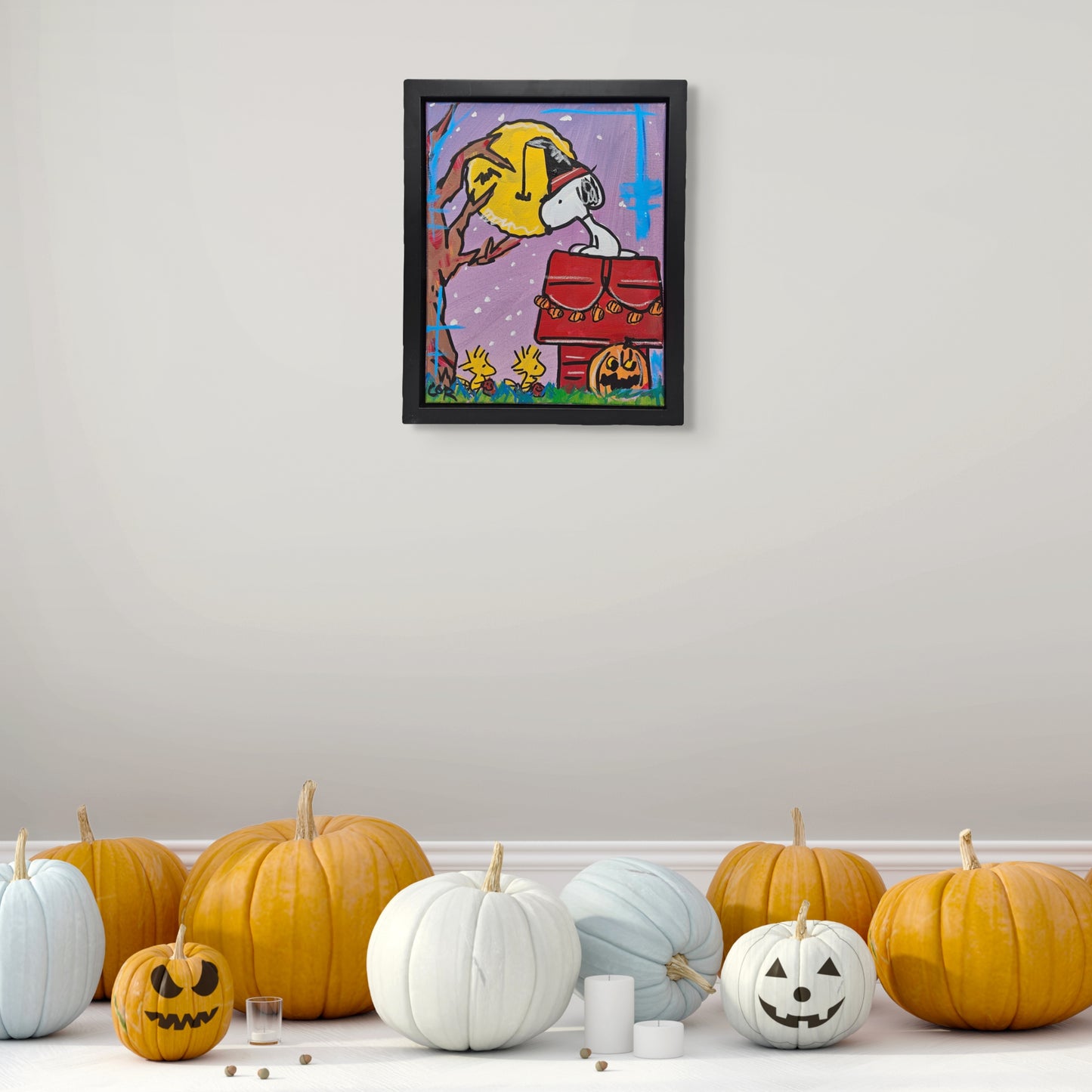 Signed Halloween Snoopy and Woodstock Acrylic on Canvas Painting Artwork