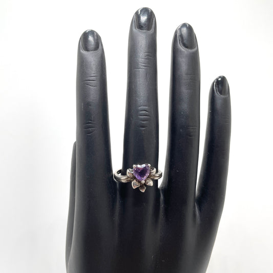 Vintage Sterling Silver Amethyst Heart Ring - Size 9